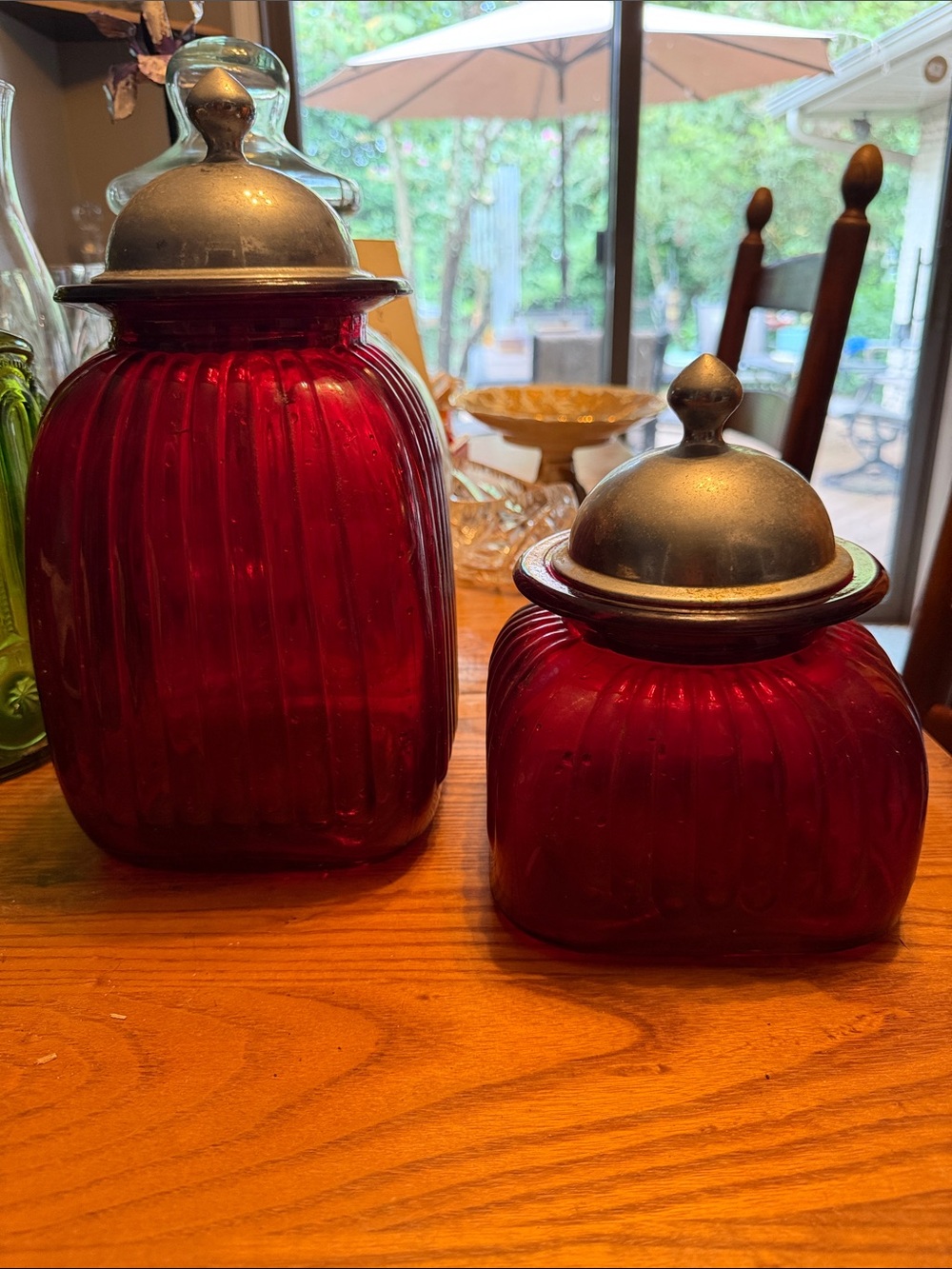 Red Ribbed Glass Canister Set with Pewter Lids
